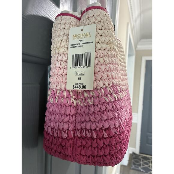 Michael Kors Pratt Women Medium Ombré Straw Bucket Shoulder Bag Dragonfruit - Picture 8 of 9